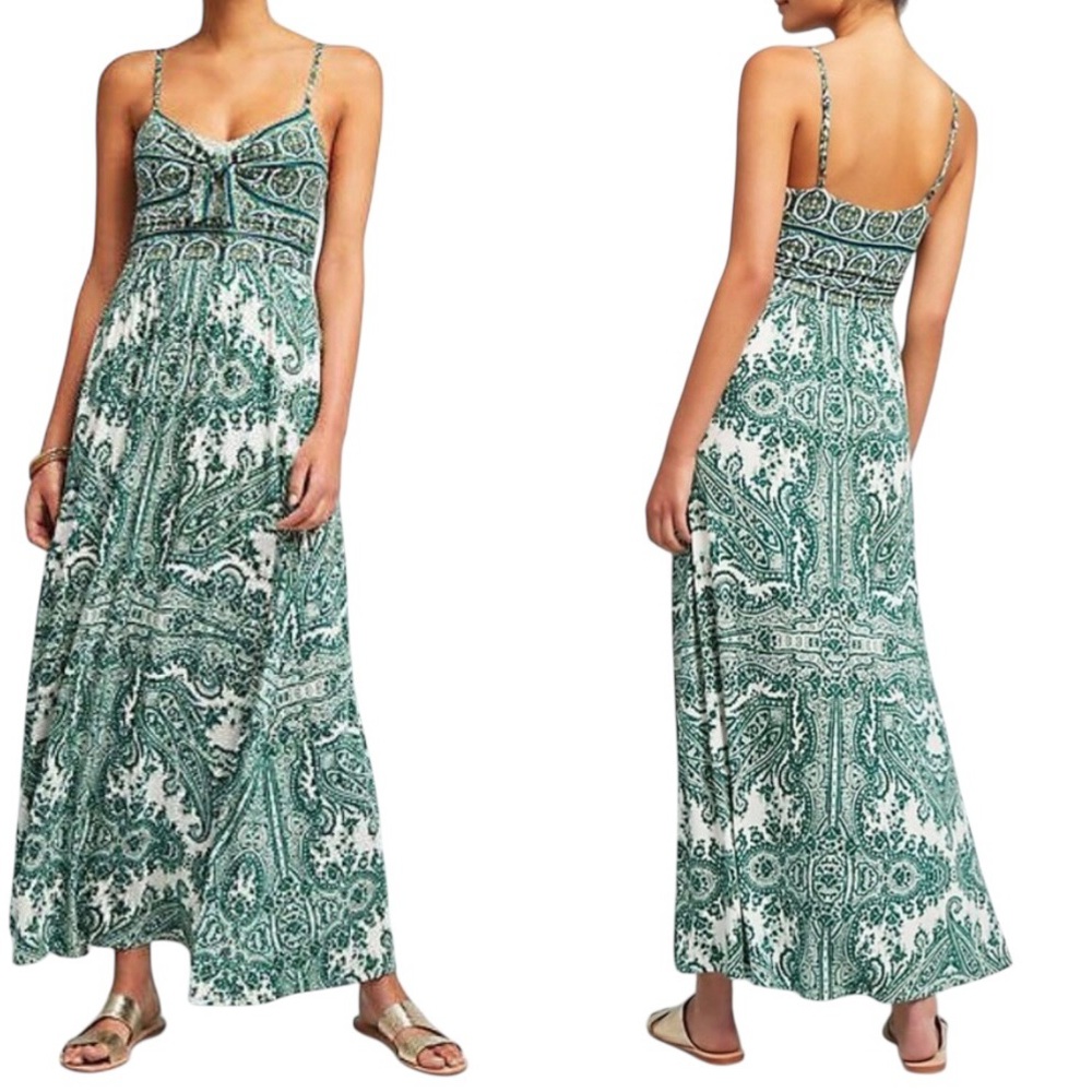Anthropologie Moulinette Soeurs Green Paisley Maxi Dress Boho Resort Size S